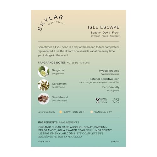 Skylar Isle Escape bottle close-up label shows vegan, hypoallergenic formula