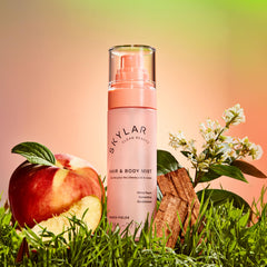 The Skylar logo appears on the Peach Fields mist resting on a clean surface.