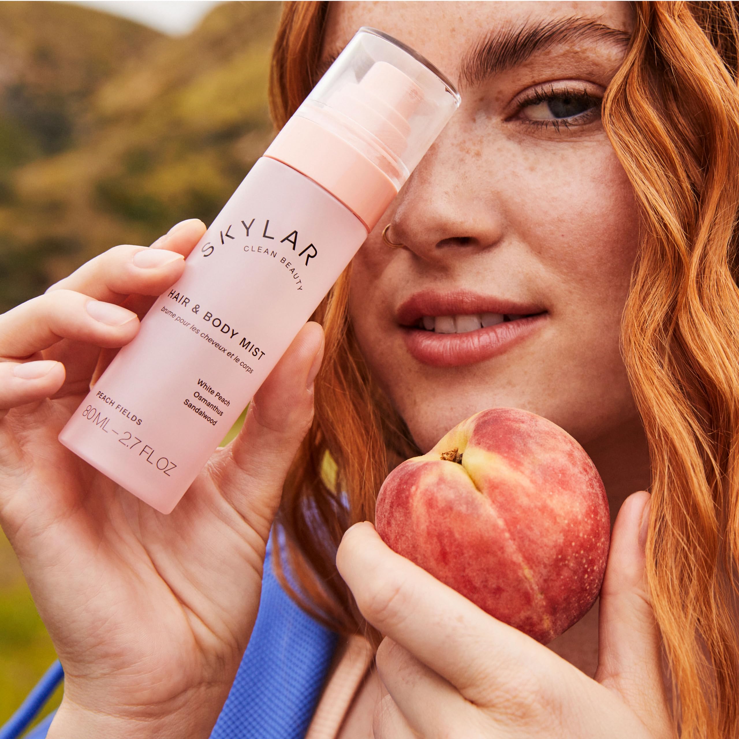 A fragrance notes graphic shows peach and sandalwood alongside Skylar Peach Fields.