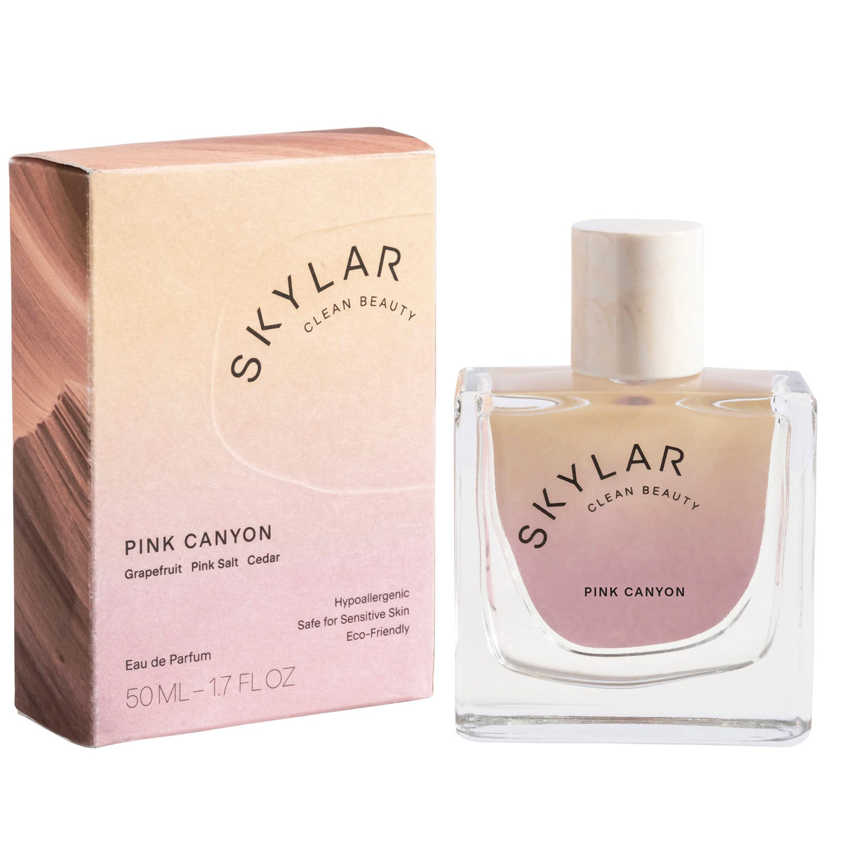Skylar Pink Canyon bottle front view highlighting hypoallergenic perfume for sensitive skin.