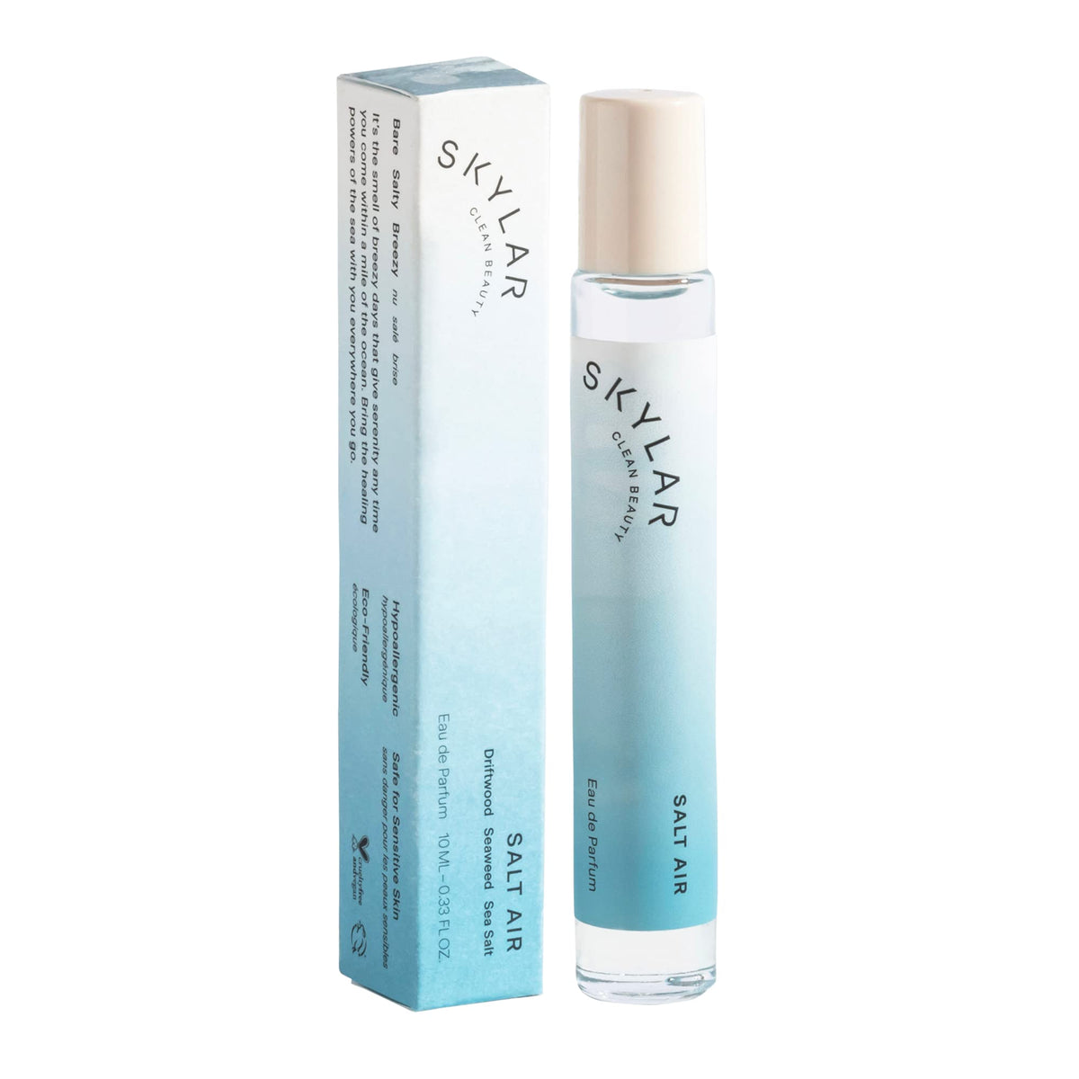 Skylar Salt Air bottle highlights driftwood for a coastal mood throughout the day.