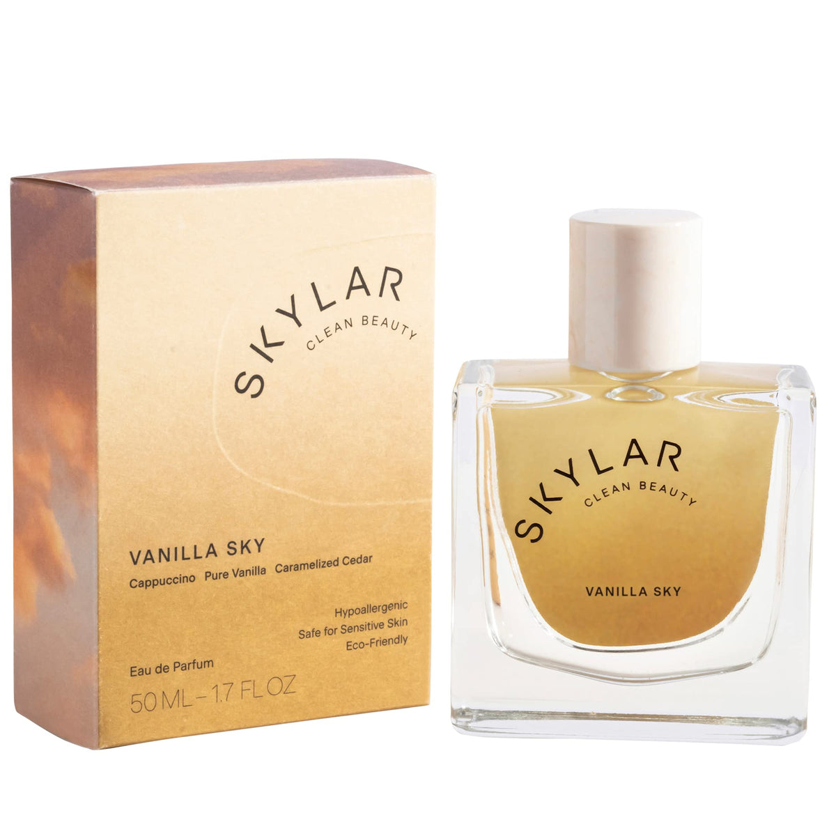 Skylar Vanilla Sky bottle close-up highlighting a warm gourmand aroma for everyday wear.