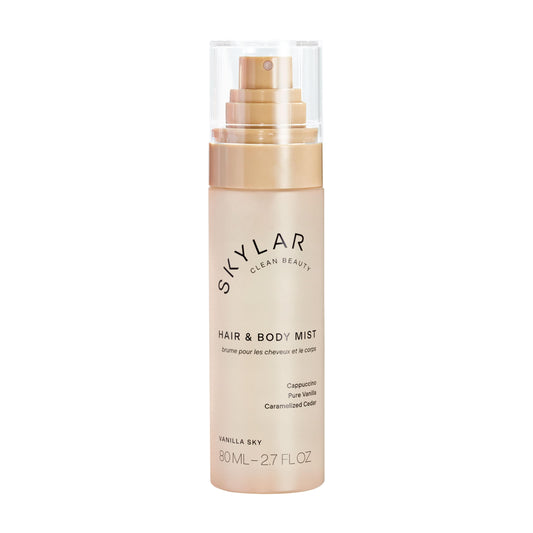 Skylar Vanilla Sky hair mist bottle shows warm vanilla essence for daily freshness