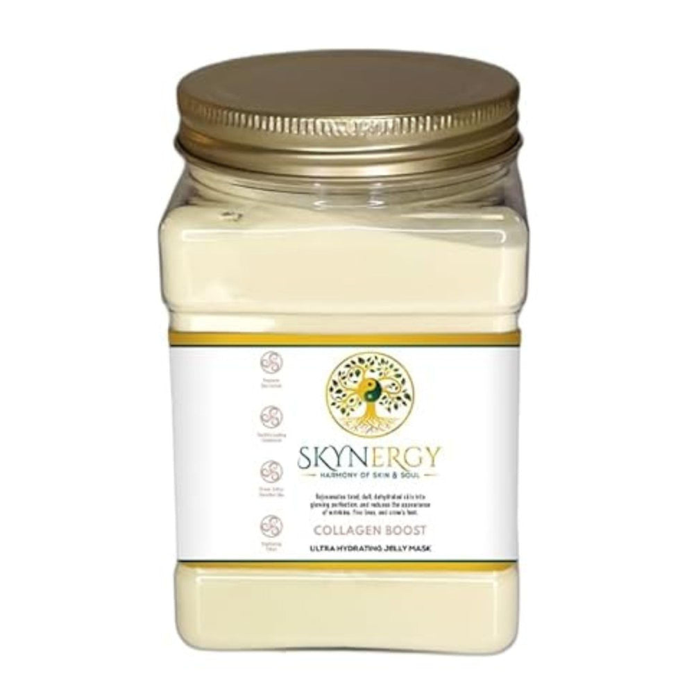 SKYNERGY Collagen Boost Hydro Glo Jelly Mask jar delivering hydration and glow.