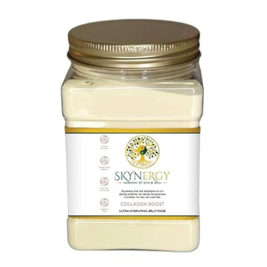 SKYNERGY Collagen Boost Hydro Glo Jelly Mask jar delivering hydration and glow.