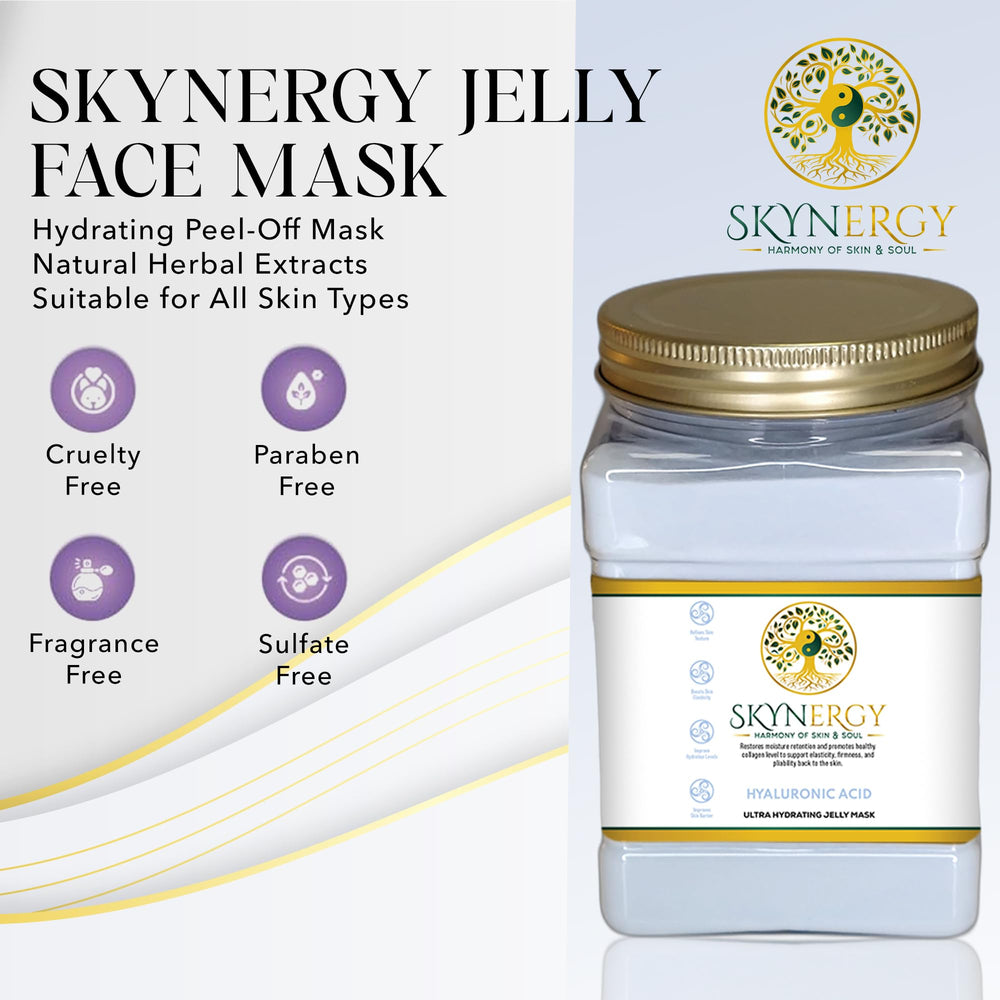SKYNERGY Hyaluronic Acid Jelly Mask application demonstrating soothing at-home treatment.