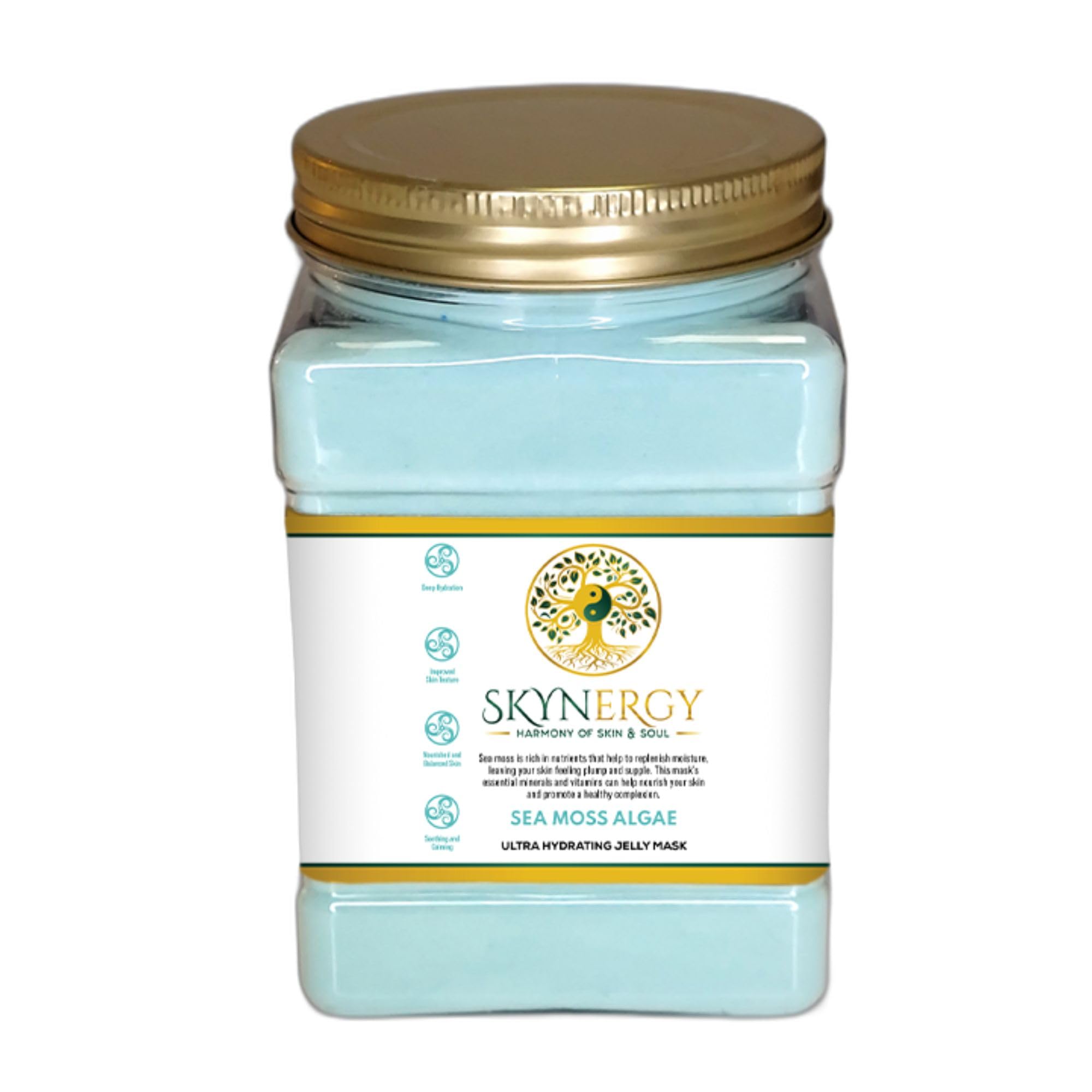 Packaging of SKYNERGY Sea Moss Algae Jelly Mask displaying spa-grade care for home routines.