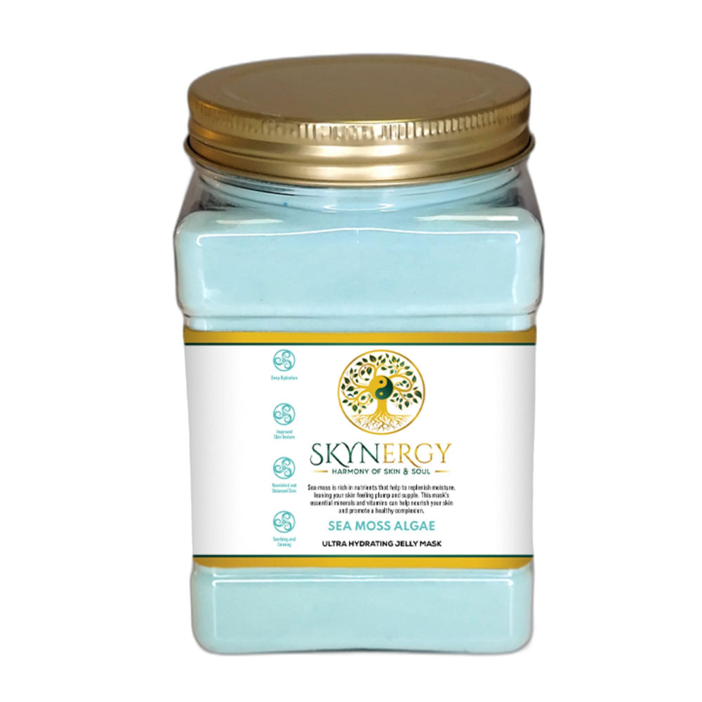 Packaging of SKYNERGY Sea Moss Algae Jelly Mask displaying spa-grade care for home routines.