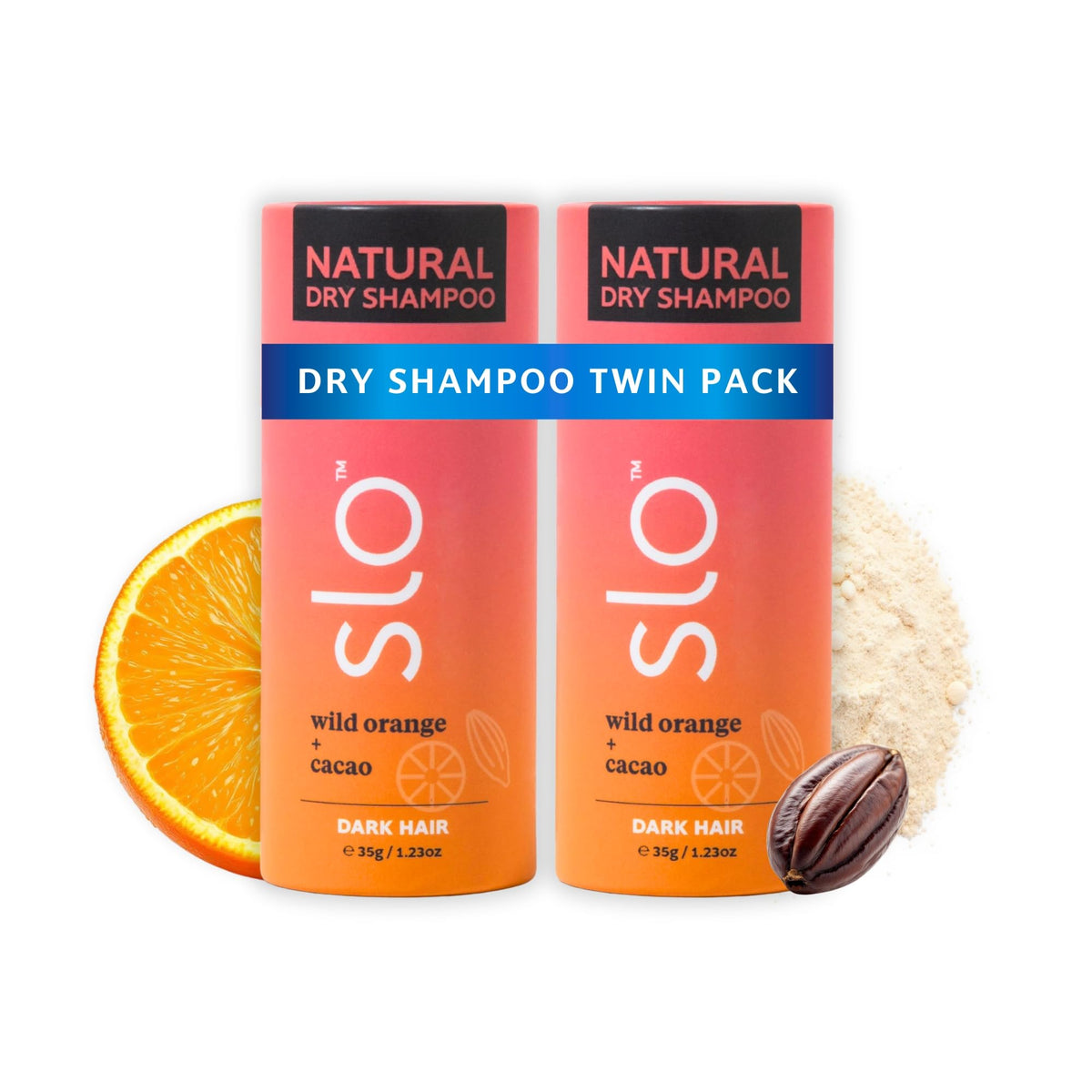 Slo dark hair dry shampoo bottle with Wild Orange and Cacao scent for refreshed roots.