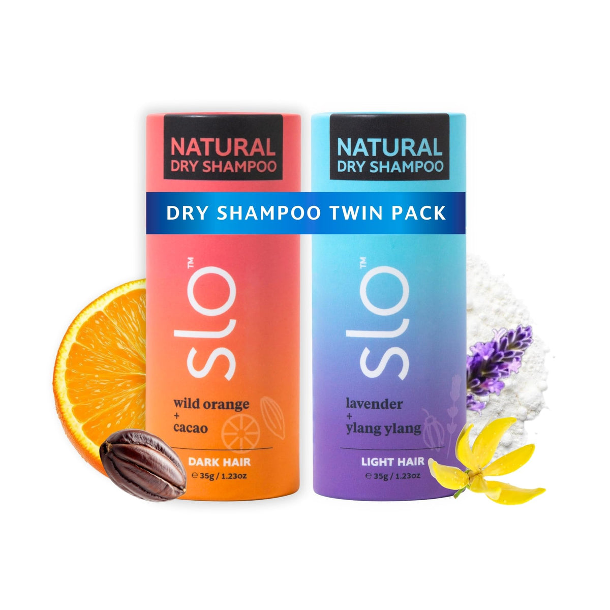 Slo dark hair dry shampoo powder in a 2-pack tube refreshing oily roots