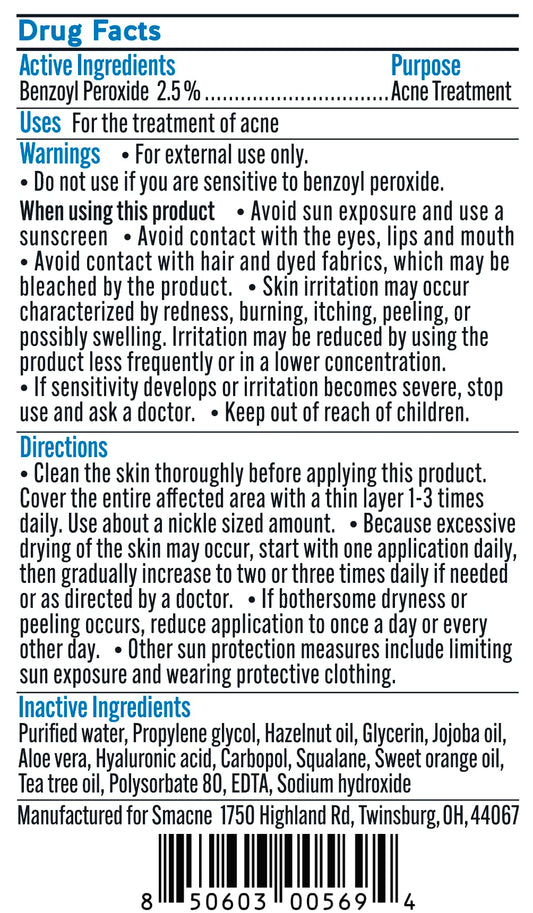 SMACNE Acne Treatment 30 Day Kit ingredients close-up shows actives and hydrators.