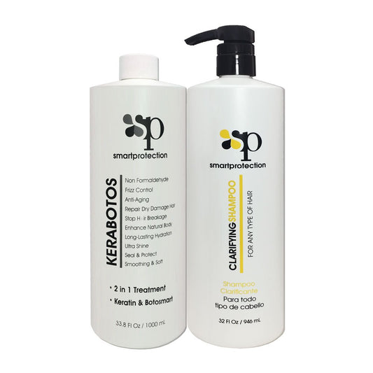 Smart Protection Kerabotos clarifying shampoo bottle highlights keratin-infused formula for smoother hair.