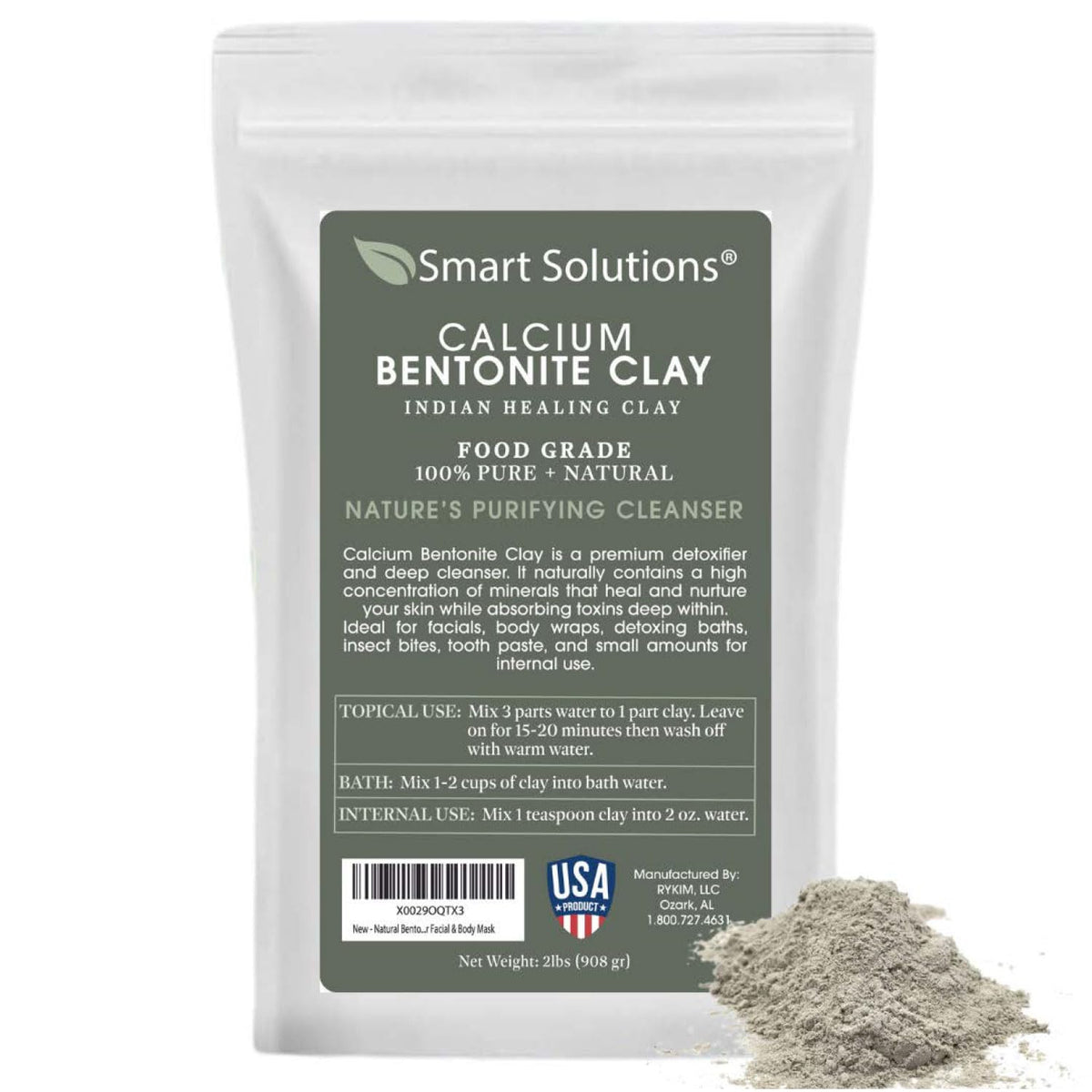 SMART SOLUTIONS calcium bentonite clay 2 lb pouch for pure DIY skin care