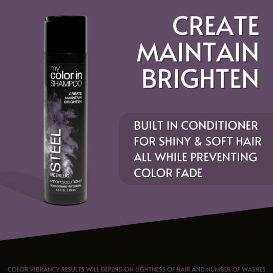 SMART SOLUTIONS Metallic Steel color swatch shows rich pigment projection on hair.