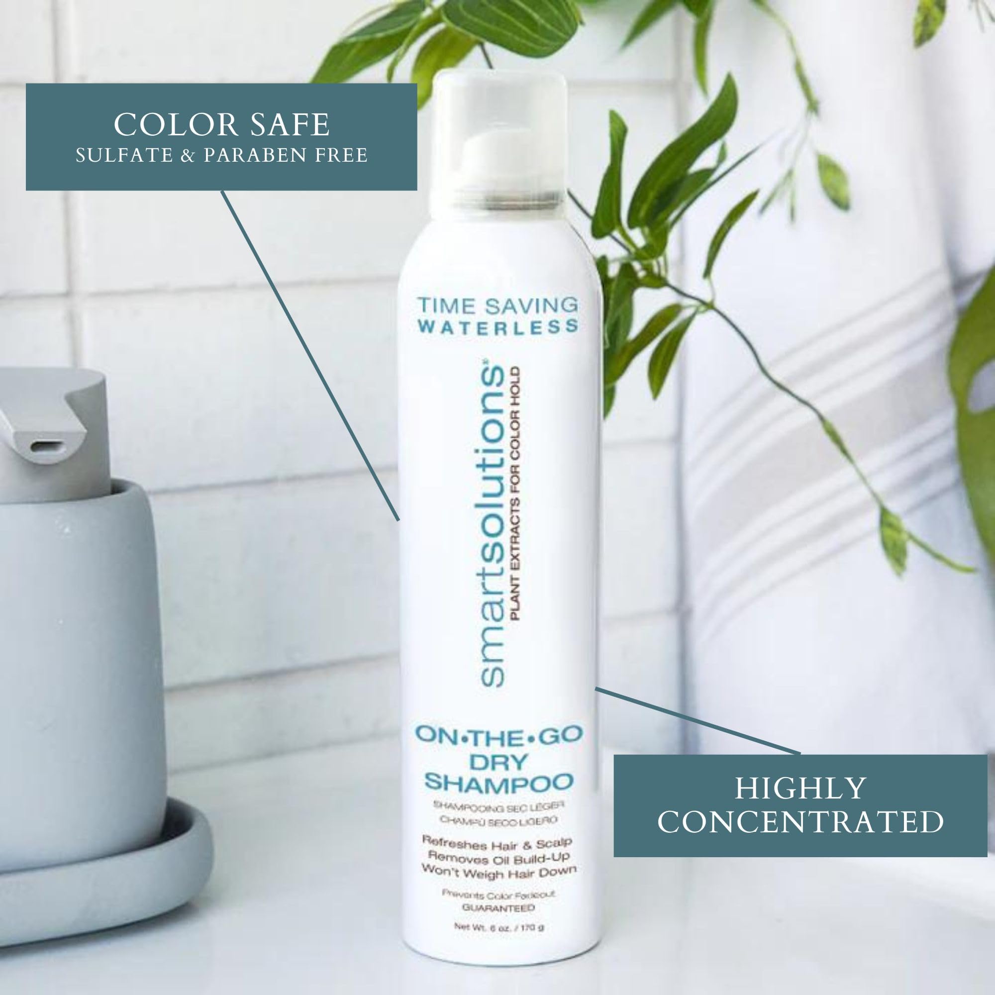 SMART SOLUTIONS On-The-Go Dry Shampoo dispensing action showing oil absorption and volume boost