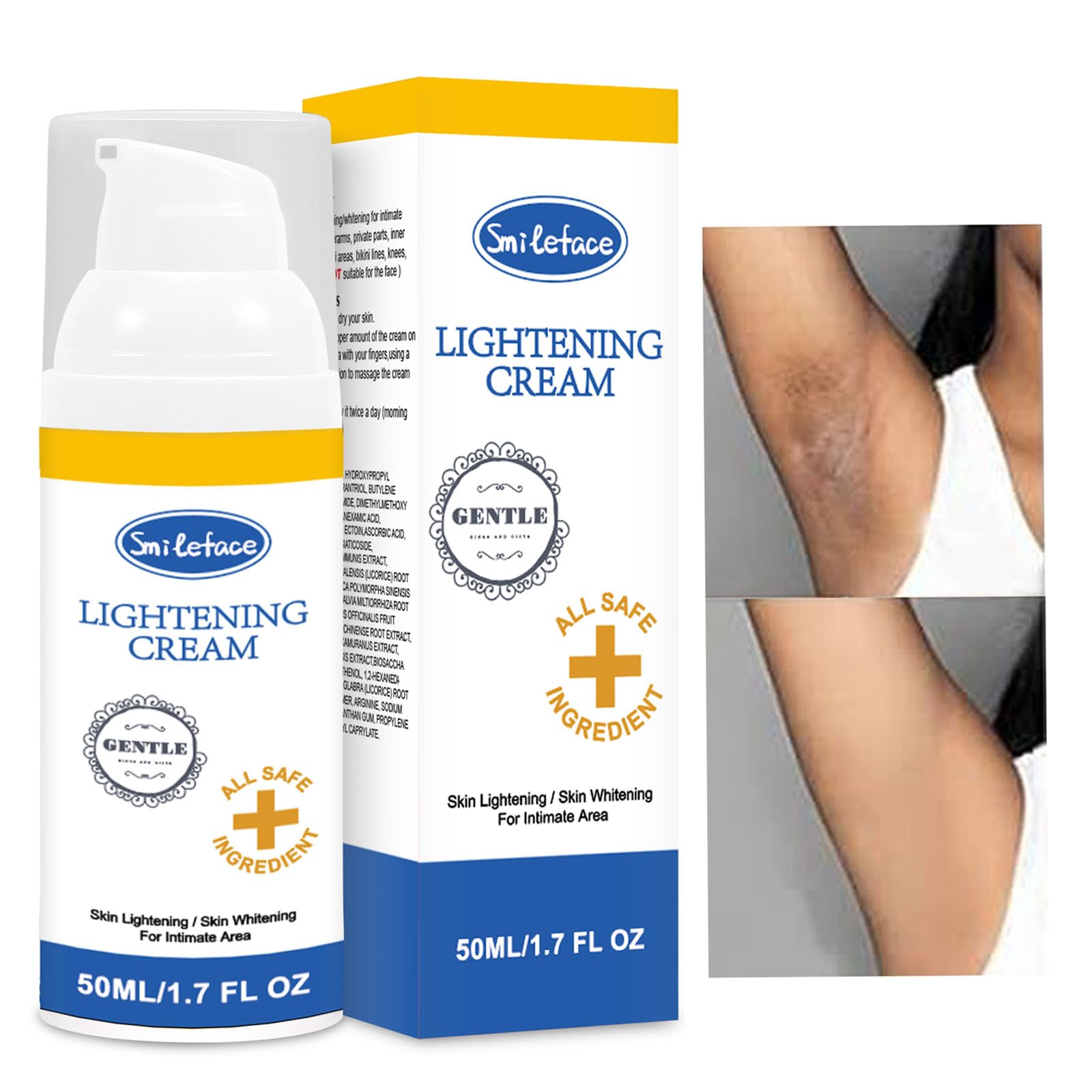 SMILEFACE intimate-areas-cream-bottle demonstrates gentle application for even skin tone.