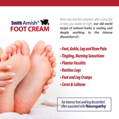 Smith Amish Foot Cream botanicals label conveys arnica, peppermint, and tea tree benefits