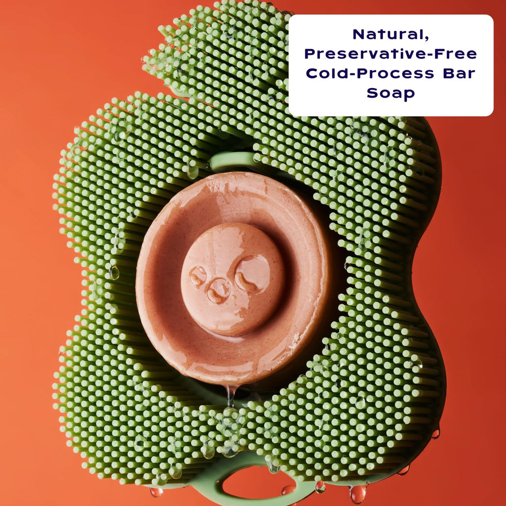 Smoosh Body Scrubber paired with seasalt orchid bar enhances cleansing.
