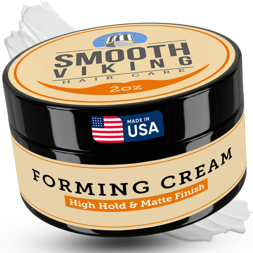 Smooth Viking Forming Cream bottle close-up; strong hold for all-day style.