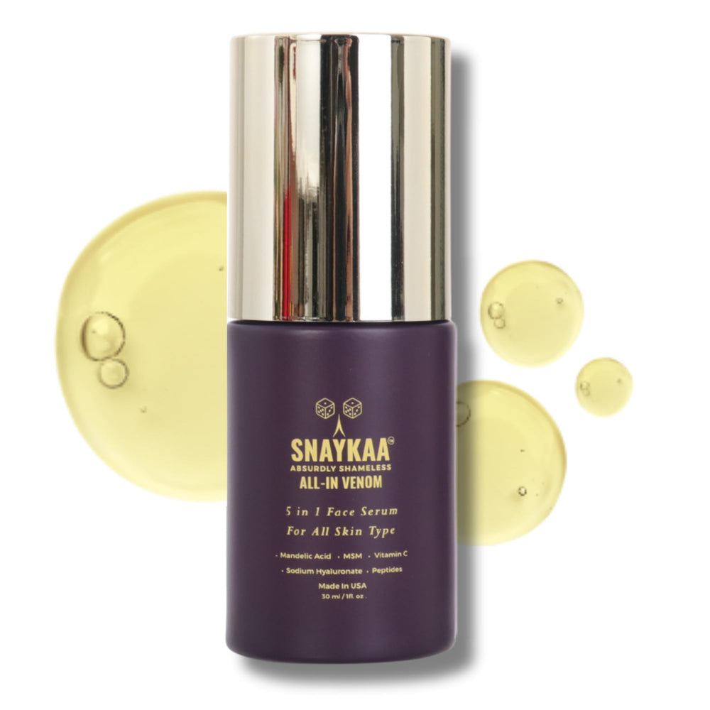 SNAYKAA Face Serum bottle close-up showing brightening formula for even skin tone.