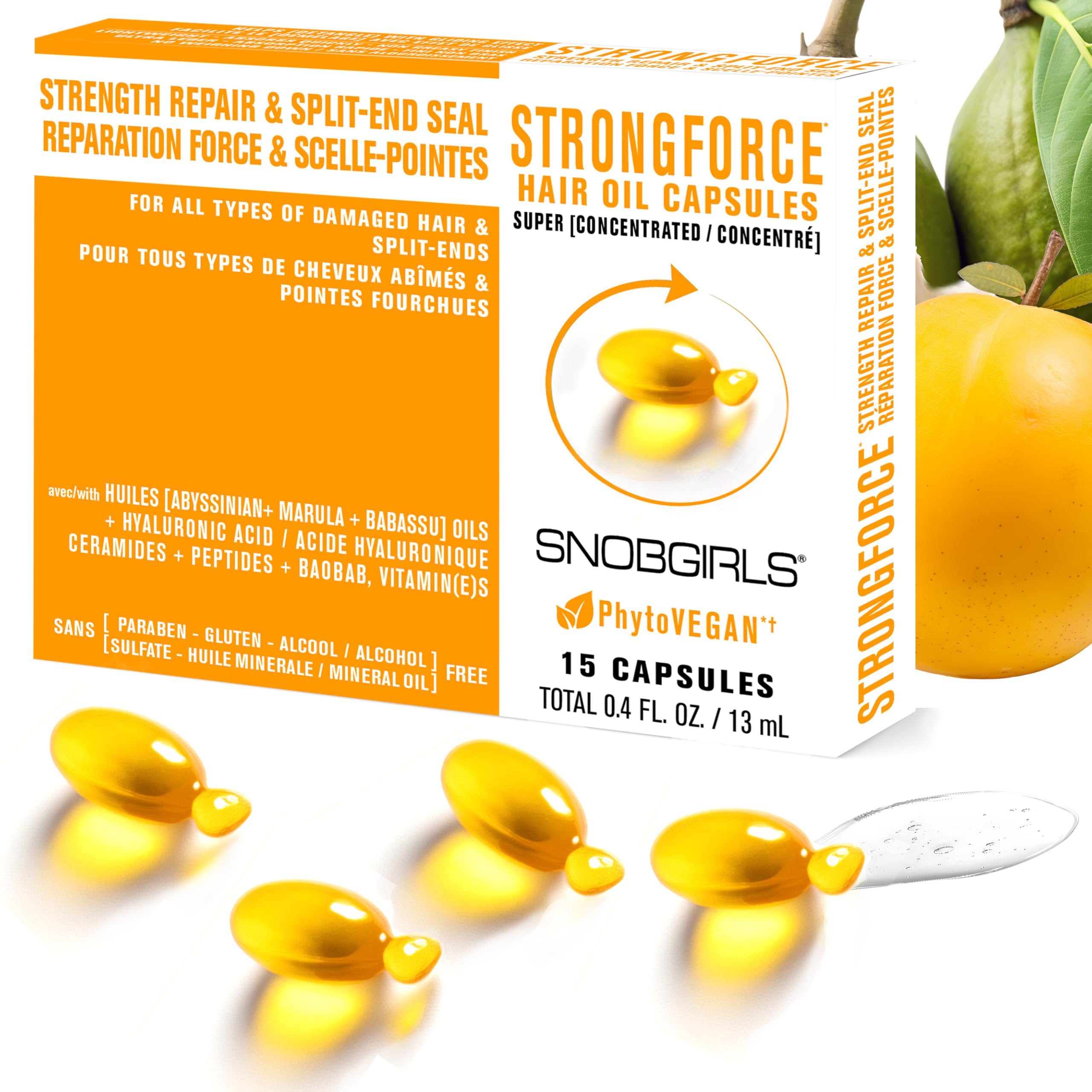 SNOB GIRLS Strength Repair capsules bottle closeup shows pure formula for fragile hair