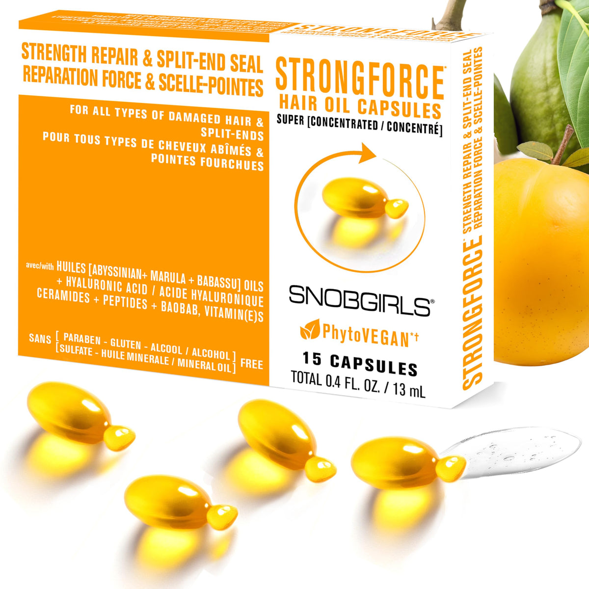 SNOB GIRLS Strength Repair capsules bottle closeup shows pure formula for fragile hair