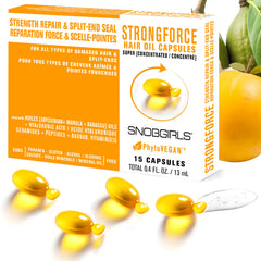 SNOB GIRLS Strength Repair capsules bottle closeup shows pure formula for fragile hair