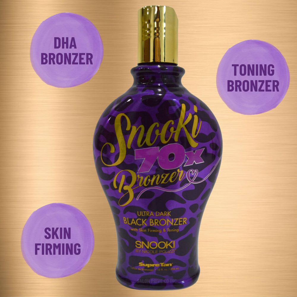 Snooki Ultra Dark 70X bottle with tropical Polynesian Palace fragrance enhances tanning.