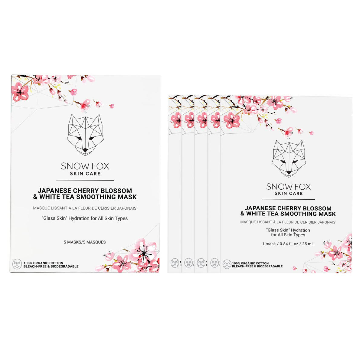 Snow Fox Japanese Cherry Blossom White Tea Sheet Mask in pack for hydrating glow.