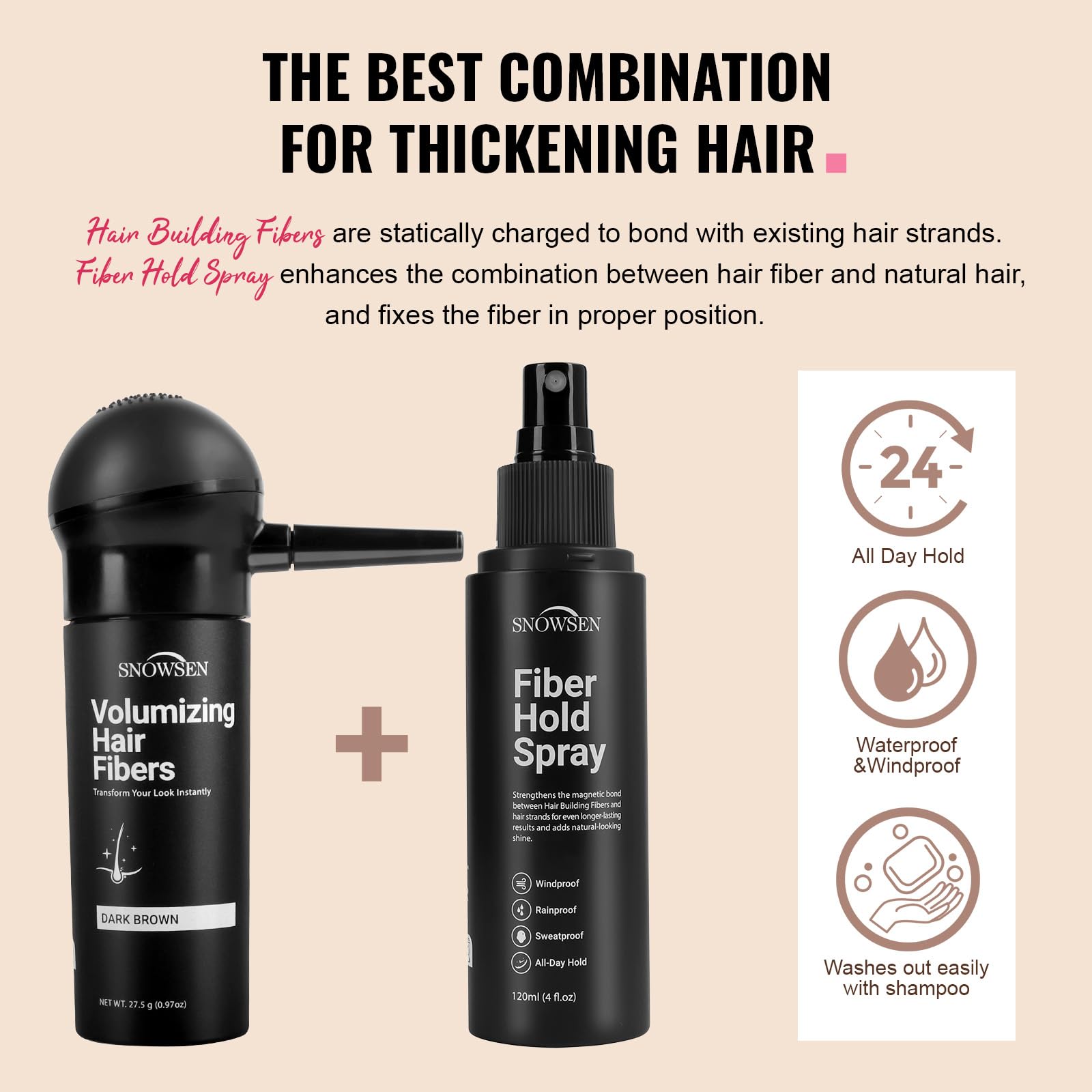 SNOWSEN fiber hold spray locks fibers for all-day wear