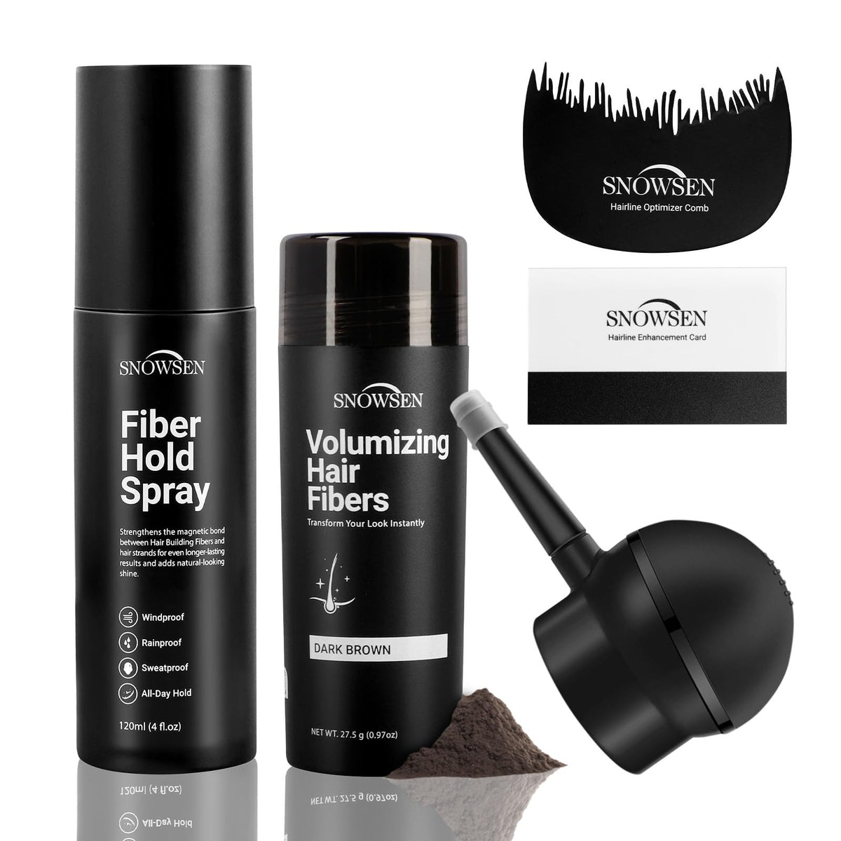 SNOWSEN hair fibers kit bottle showing instant fullness for thinning hair