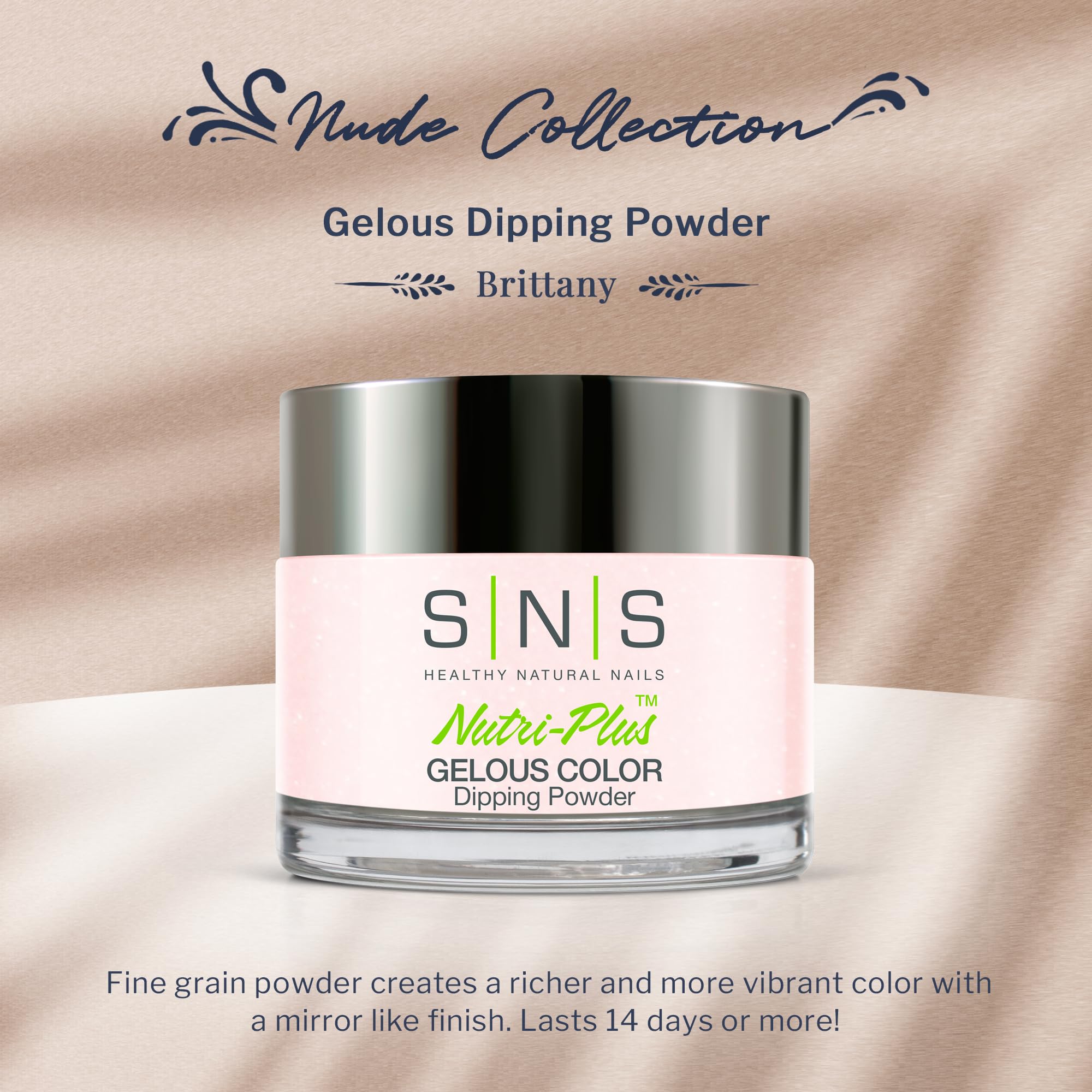 SNS Brittany dip powder bottle on display for quick at-home manicures.
