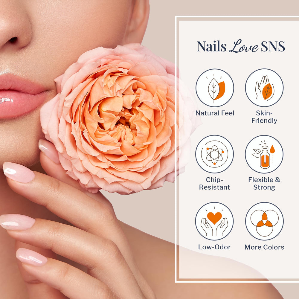SNS Brittany nude shimmer swatch worn on nails for salon-like finish.