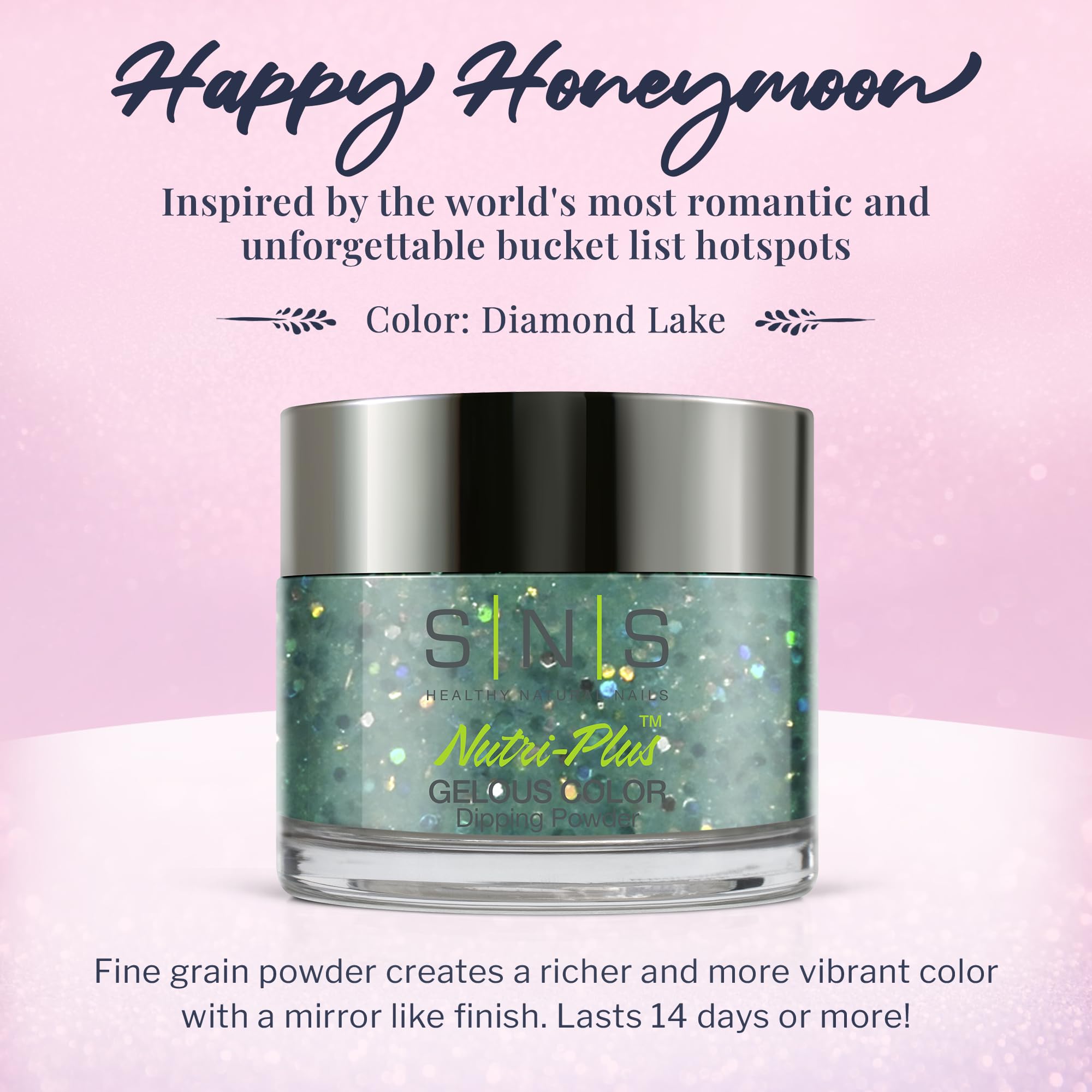 SNS Diamond Lake color swatch reveals green aqua glitter for vibrant nails.