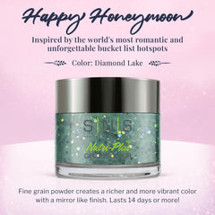 SNS Diamond Lake color swatch reveals green aqua glitter for vibrant nails.