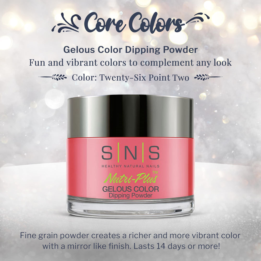 sns dip powder jar label twenty-six point two shows vibrant color without uv lamp required.