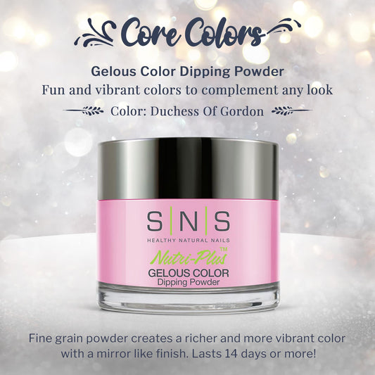 Swatch of Duchess Of Gordon pink dip powder on nail shows rich color without UV light.