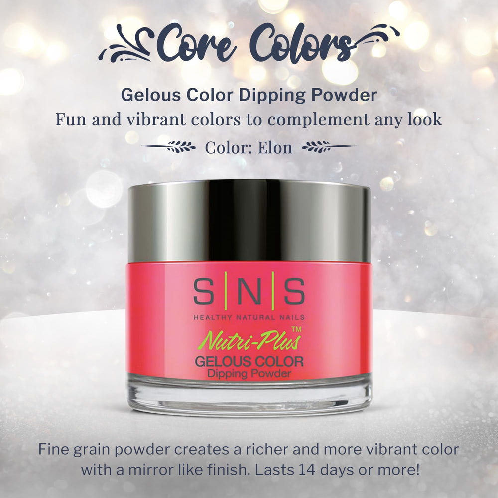 SNS Elon nail swatch displays pink-orange-cream shade with vibrant depth