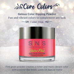 SNS Elon nail swatch displays pink-orange-cream shade with vibrant depth