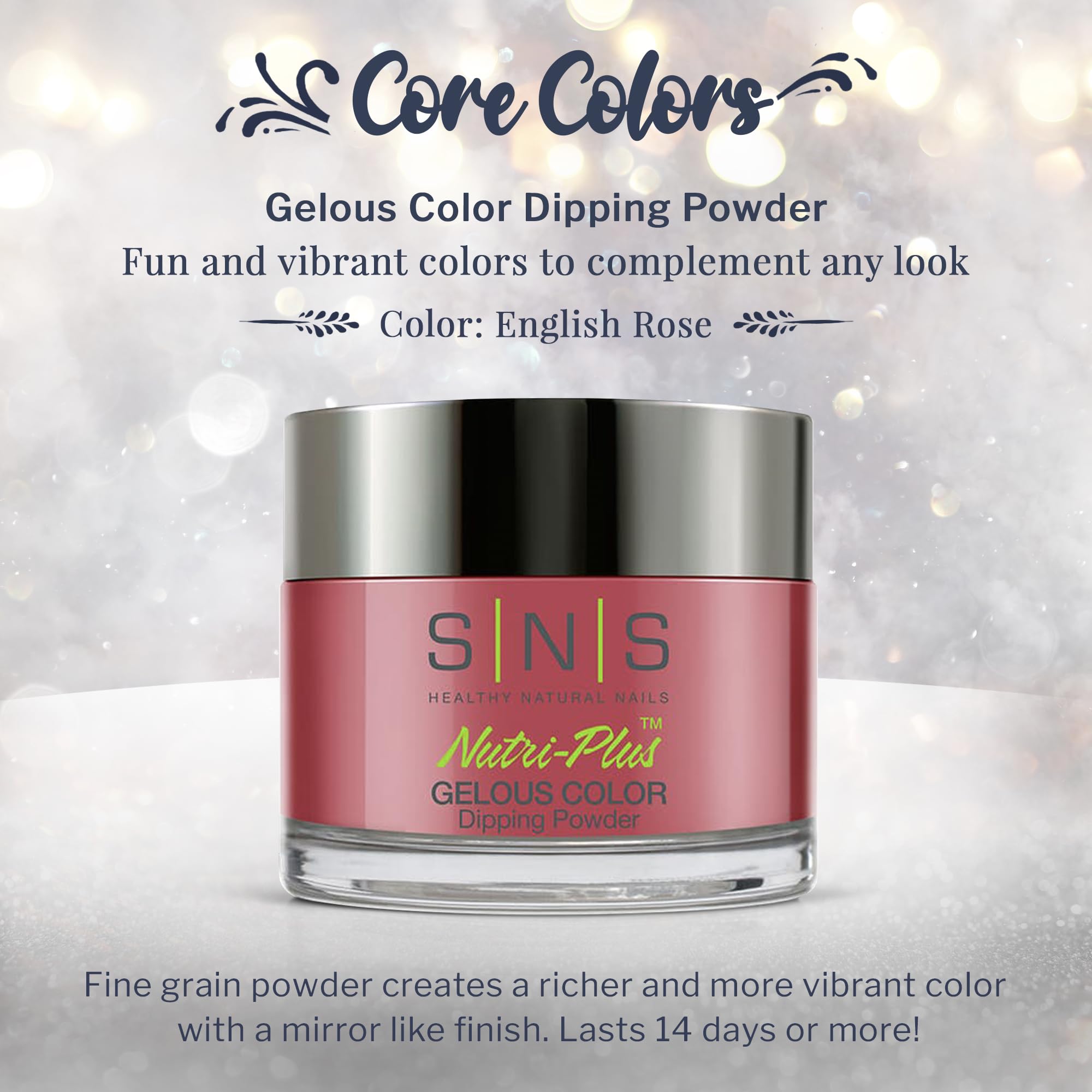 SNS English Rose dip powder swatches on nail illustrate rich color and depth.