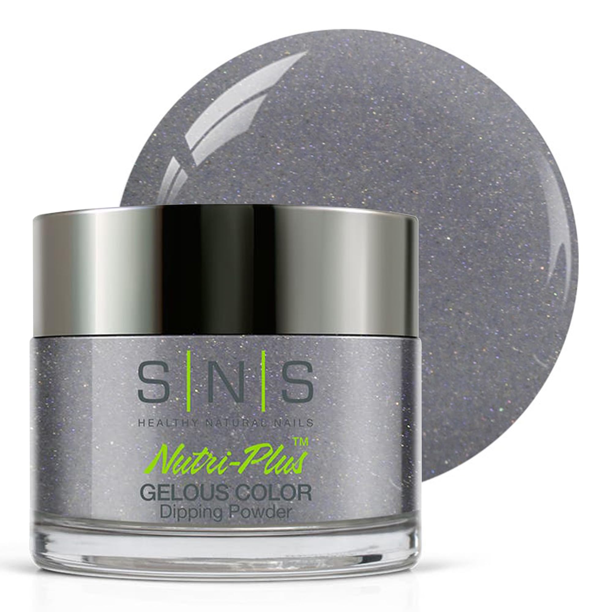 SNS Fall From Grays blue shimmer dip powder jar shows rich, long-lasting color at home.
