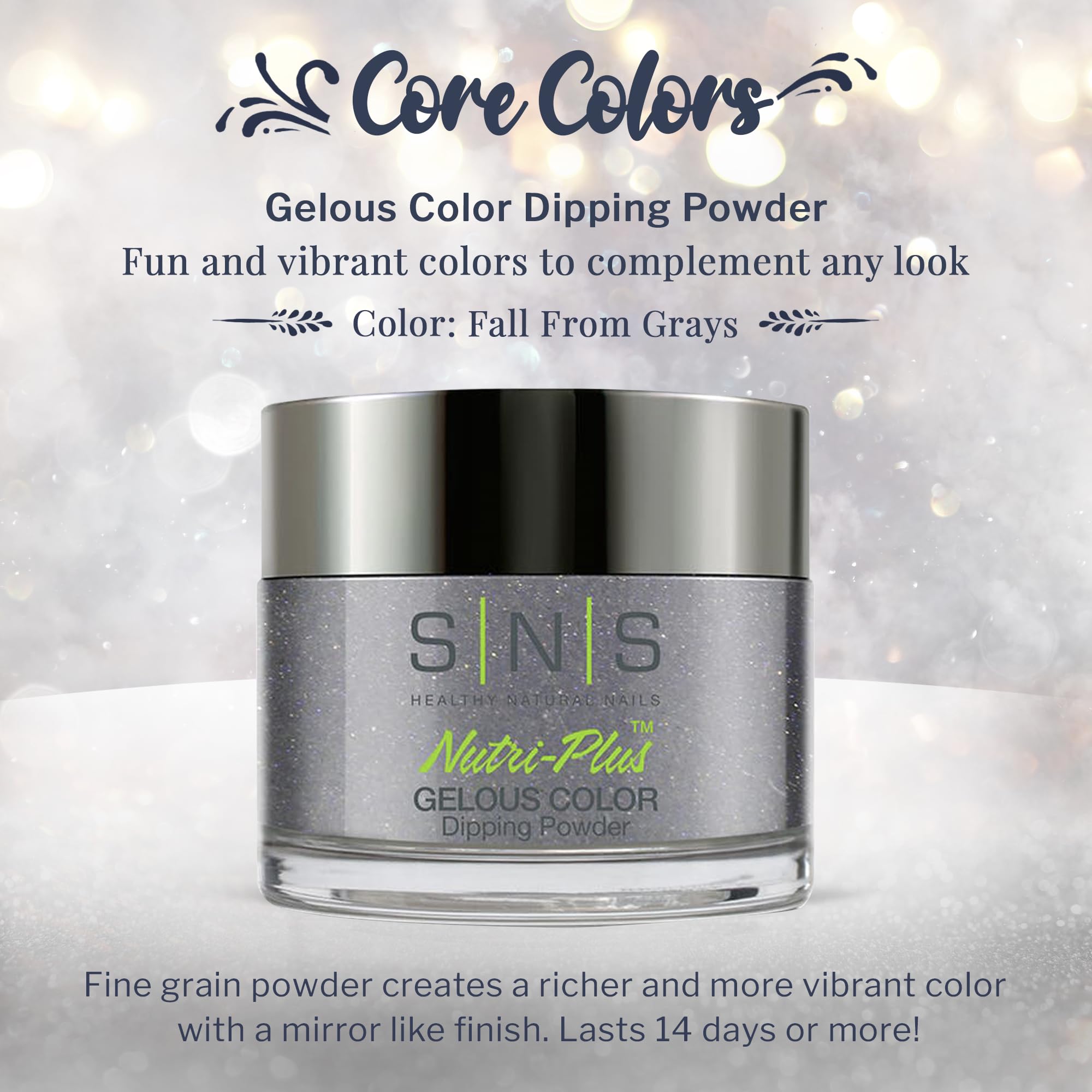 Close-up of SNS Fall From Grays swatches reveals deep blue shimmer and depth.
