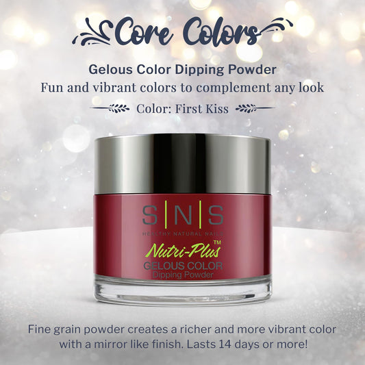 SNS First Kiss color swatches highlight wine, cranberry, and cream tones.