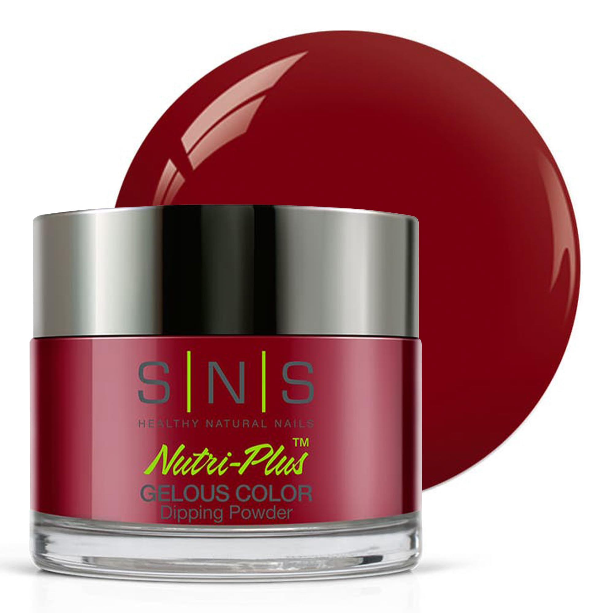 SNS First Kiss dip powder jar shows rich red hues for a bold manicure.