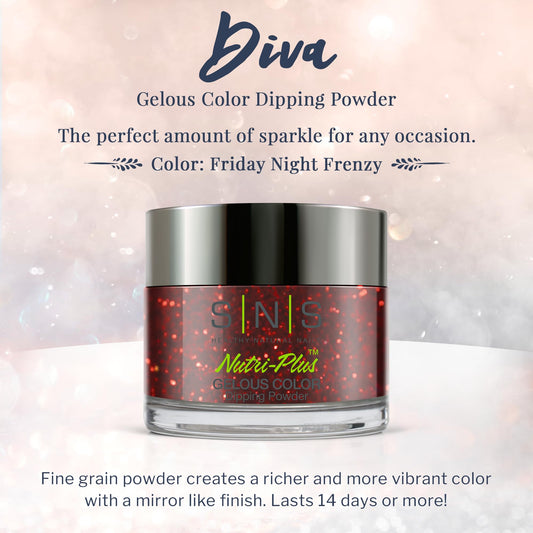 SNS Nail Dip Friday Night Frenzy metallic red shade for dramatic nails.