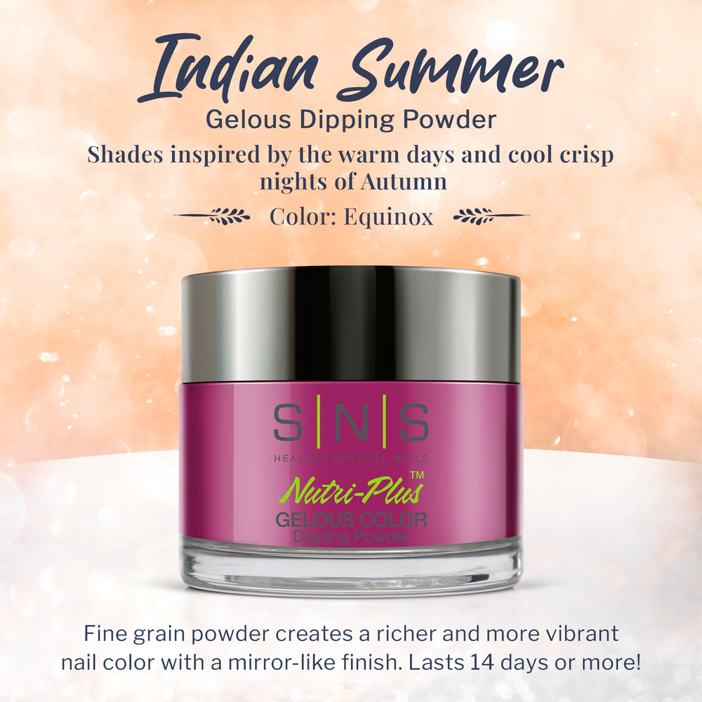 SNS Healthy Nails Equinox dip powder jar close-up highlights durable, long-lasting color