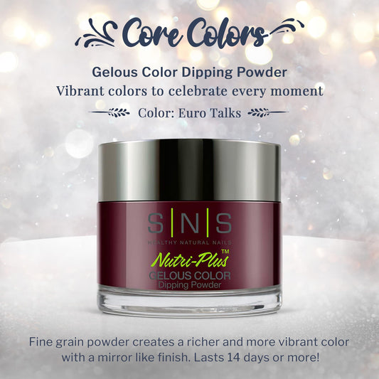 SNS Healthy Natural Nails Euro Talks wine-brown-cream on nails shows long-lasting color up to 14 days.