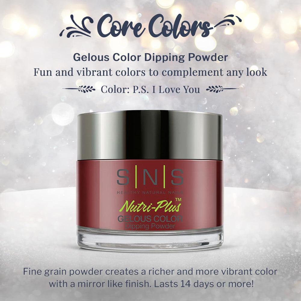 SNS P.S. I Love You color swatches demonstrate deep red-burgundy cream shades.