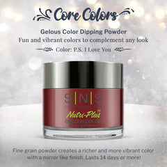 SNS P.S. I Love You color swatches demonstrate deep red-burgundy cream shades.