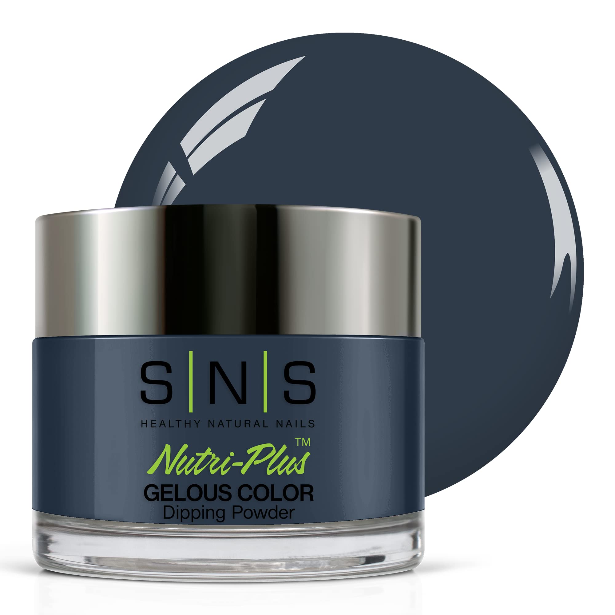 SNS Heart Skips A Beat dip powder bottle shows a rich blue shade for long-lasting color.